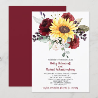 Sunflower Burgundy Roses Greenery Wedding Invitation