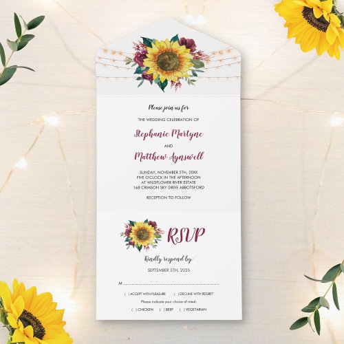 Sunflower Burgundy Roses Lights Floral Wedding All In One Invitation