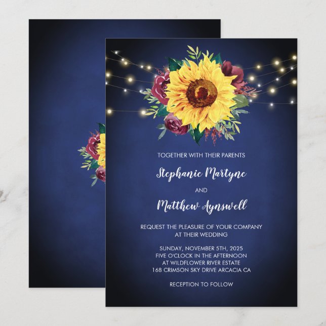 Sunflower Burgundy Roses Lights Navy Blue Wedding Invitation (Front/Back)