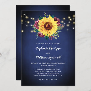 Sunflower Burgundy Roses Lights Navy Blue Wedding Invitation