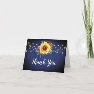 Sunflower Burgundy Roses Lights Navy Blue Wedding Thank You Card