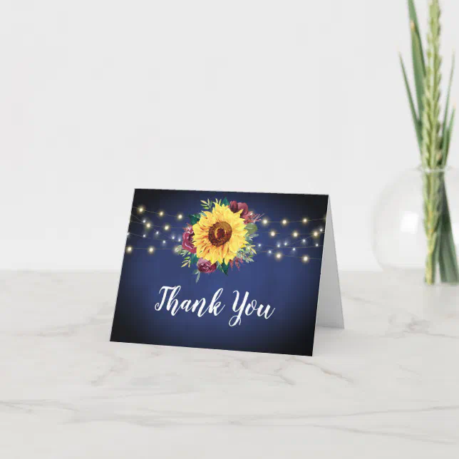 Sunflower Burgundy Roses Lights Navy Blue Wedding Thank You Card | Zazzle