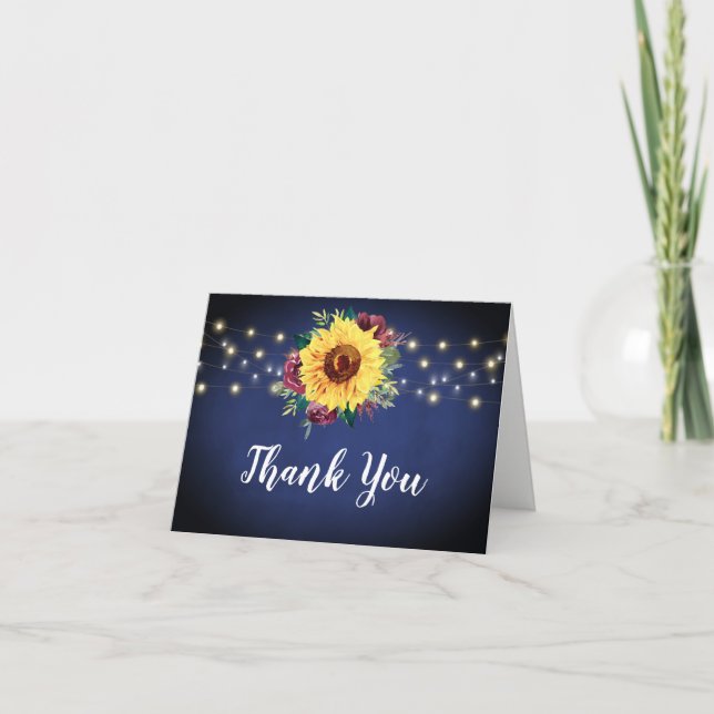 Sunflower Burgundy Roses Lights Navy Blue Wedding Thank You Card (Front)