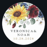 Sunflower Burgundy Roses Navy Blue Rustic Wedding Classic Round Sticker<br><div class="desc">Design features an elegant bouquet of watercolor sunflowers,  peony roses,  eucalyptus,  greenery and more with a unique typography layout in medium black and printed gold colored text.</div>