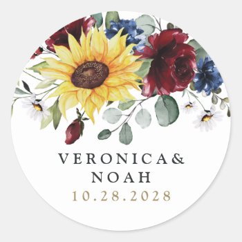 Sunflower Burgundy Roses Navy Blue Rustic Wedding Classic Round Sticker by RusticWeddings at Zazzle