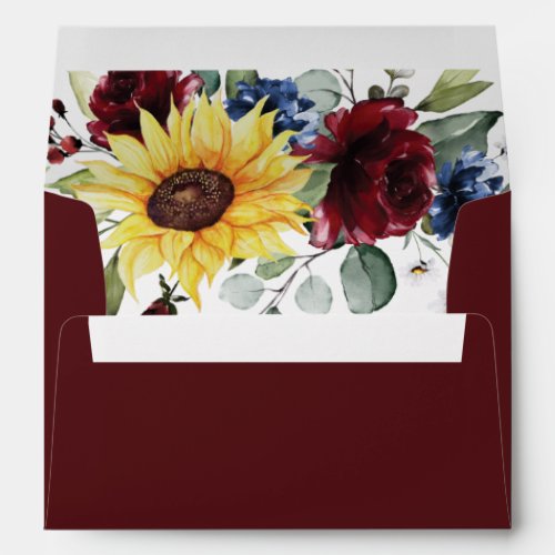 Sunflower Burgundy Roses Navy Blue Rustic Wedding Envelope