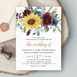 Sunflower Burgundy Roses Navy Blue Rustic Wedding Invitation<br><div class="desc">Design features an elegant bouquet of watercolor sunflowers,  peony roses,  eucalyptus,  greenery and more with a unique typography layout in medium black and printed gold colored text.  You can change the color text,  fonts and more.</div>