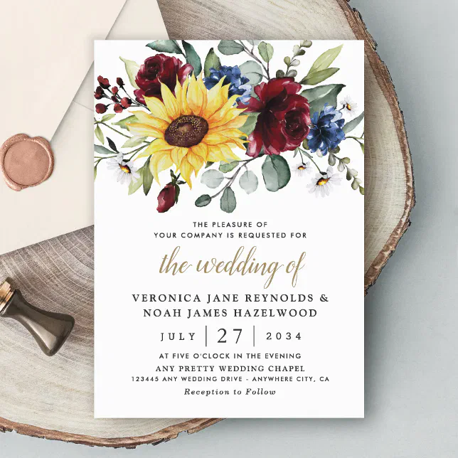 Sunflower Burgundy Roses Navy Blue Rustic Wedding Invitation | Zazzle