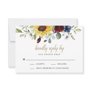Sunflower Burgundy Roses Navy Blue Rustic Wedding RSVP Card