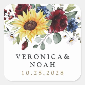 Sunflower Burgundy Roses Navy Blue Rustic Wedding Square Sticker by RusticWeddings at Zazzle