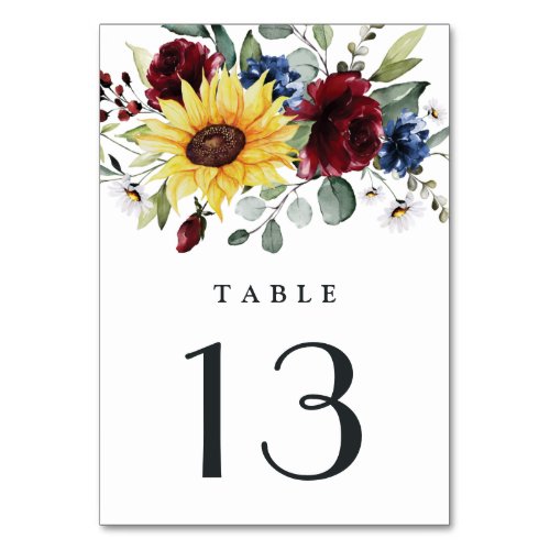 Sunflower Burgundy Roses Navy Blue Rustic Wedding Table Number