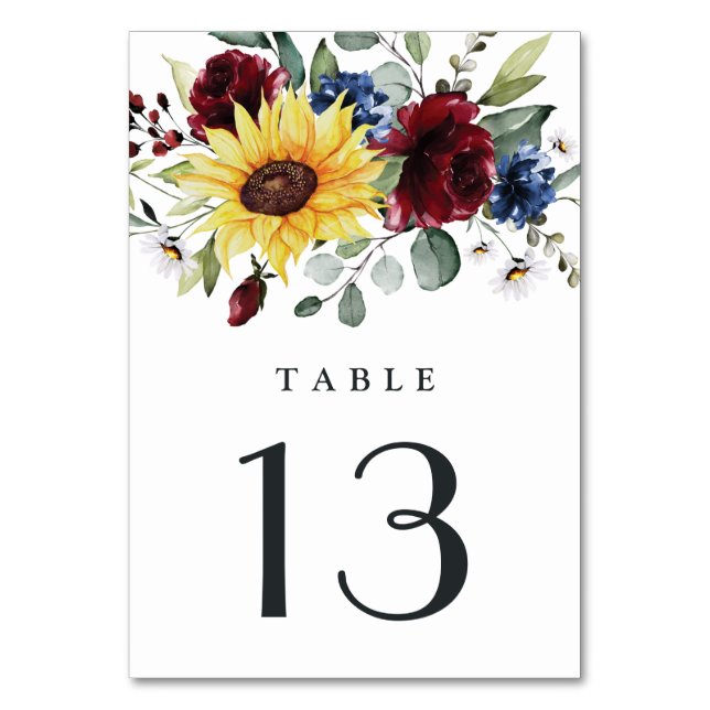 Sunflower Burgundy Roses Navy Blue Rustic Wedding Table Number (Front)
