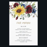Sunflower Burgundy Roses Navy Wedding Menu Cards<br><div class="desc">Design features an elegant bouquet of watercolor sunflowers,  peony roses,  eucalyptus,  greenery and more with a unique typography layout in medium black and printed gold colored text.  You can use the template as is or add more meals,  desserts and more. This template is fully customizable.</div>