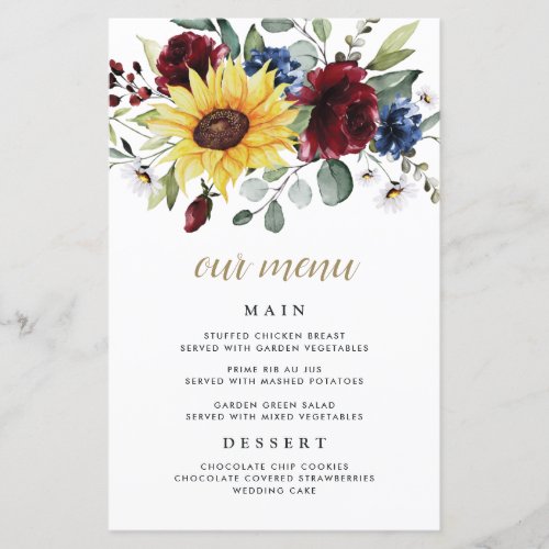 Sunflower Burgundy Roses Navy Wedding Menu Cards