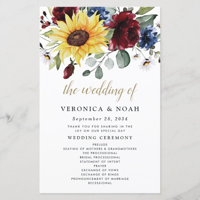 Sunflower Burgundy Roses Navy Wedding Programs (Front)