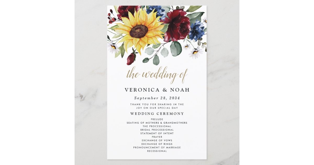 Sunflower Burgundy Roses Navy Wedding Programs | Zazzle