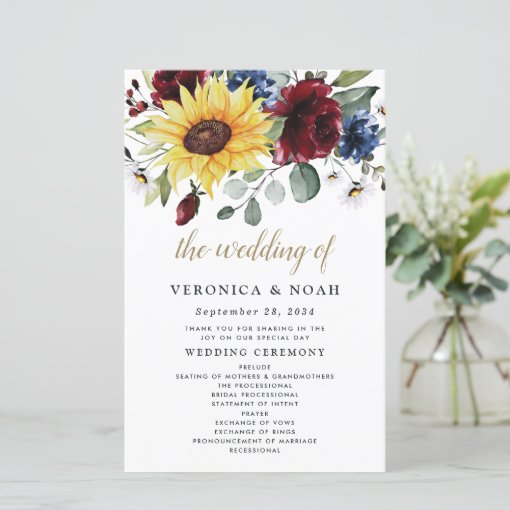 Sunflower Burgundy Roses Navy Wedding Programs | Zazzle