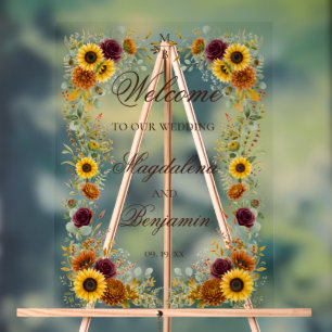 Sunflower Burgundy Roses Rust Fall Floral Wedding Acrylic Sign