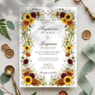 Sunflower Burgundy Roses Rust Fall Floral Wedding Invitation