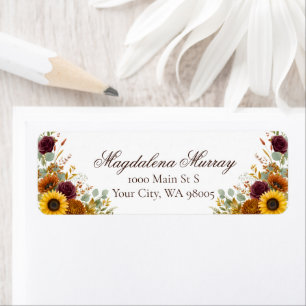 Sunflower Burgundy Roses Rust Fall Floral Wedding Label