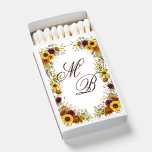 Sunflower Burgundy Roses Rust Fall Floral Wedding Matchboxes