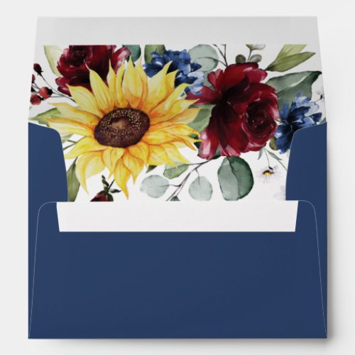 Sunflower Burgundy Roses Rustic Navy Blue Wedding Envelope