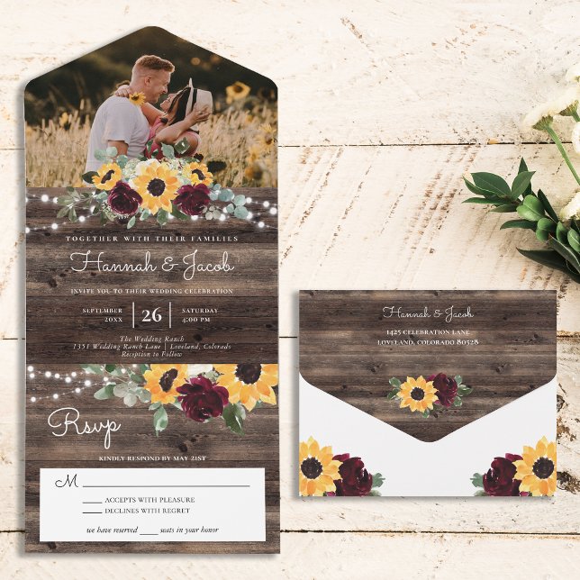 Sunflower Burgundy Roses Rustic Wood Photo Wedding All In One Invitation