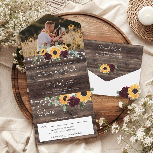 Sunflower Burgundy Roses Rustic Wood Photo Wedding All In One Invitation