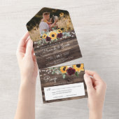 Sunflower Burgundy Roses Rustic Wood Photo Wedding All In One Invitation (Tearaway)