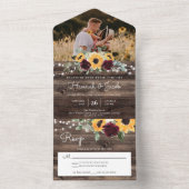 Sunflower Burgundy Roses Rustic Wood Photo Wedding All In One Invitation (Inside)