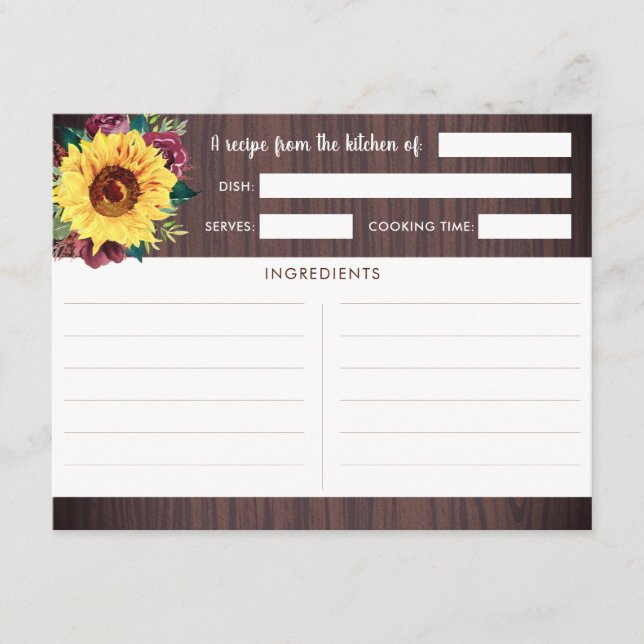 Sunflower Burgundy Roses Wood Recipe Cards (Front)