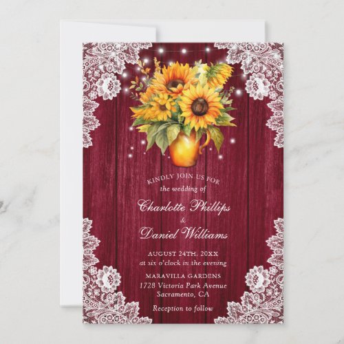 Sunflower Burgundy Rustic Wedding Invitation