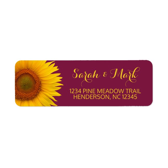 Sunflower Burgundy Wedding Return Address Label (Front)