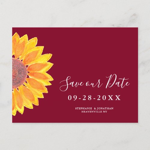 Sunflower Burgundy Wedding Save The Date Announcement Postcard