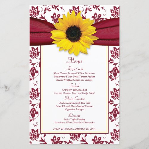 Sunflower Burgundy White Damask Wedding Menu Card