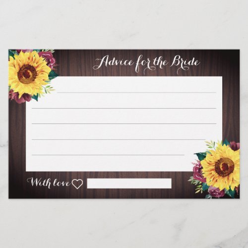 Sunflower Burgundy Wood Bridal Shower Advice Cards