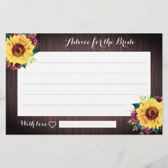 Sunflower Burgundy Wood Bridal Shower Advice Cards (Front)
