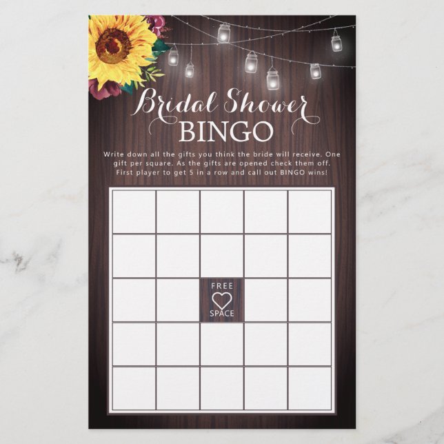 Sunflower Burgundy Wood Bridal Shower Bingo Game (Front)