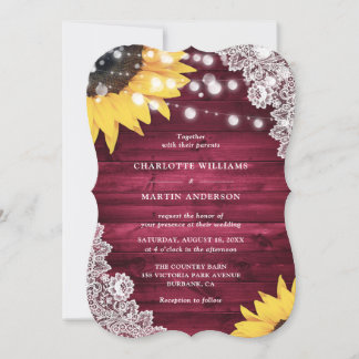 Sunflower Burgundy Wood Floral Lace Wedding Invitation