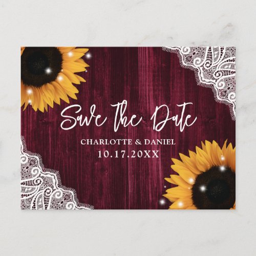 Sunflower Burgundy Wood Lace Rustic Save The Date Postcard