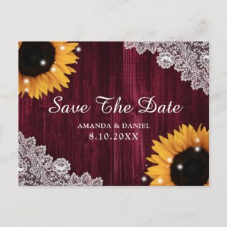 Sunflower Burgundy Wood Lace Rustic Save The Date