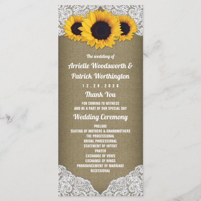Sunflower Burlap and Lace Rustic Wedding Programs (Front)