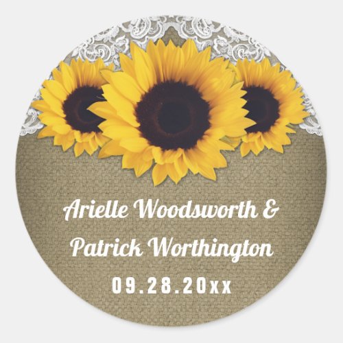 Sunflower Burlap and Lace Wedding Favor Classic Round Sticker