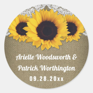 Sunflower Burlap and Lace Wedding Favor Classic Round Sticker