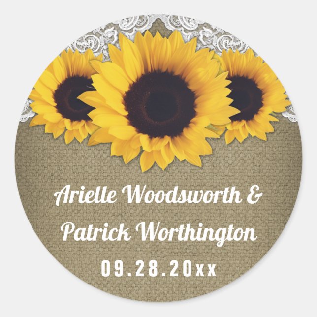 Sunflower Burlap and Lace Wedding Favor Classic Round Sticker (Front)
