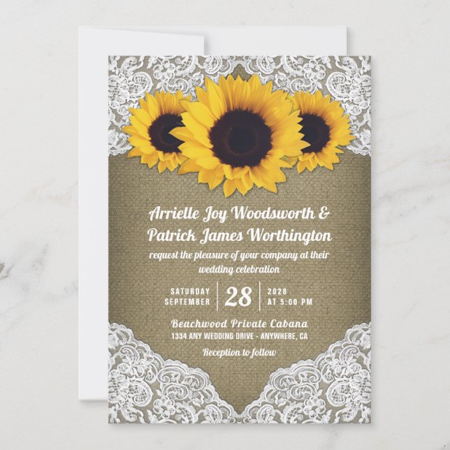 Sunflower Burlap and Lace Wedding Invitations (Front)