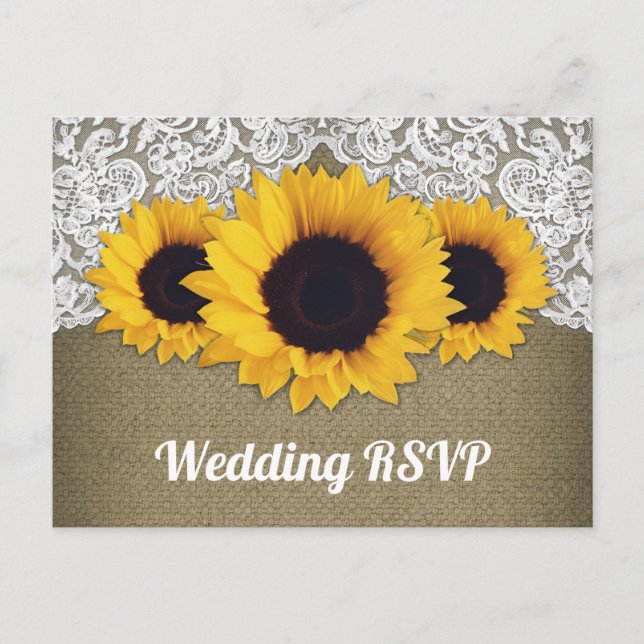 Sunflower Burlap and Lace Wedding RSVP Postcards (Front)