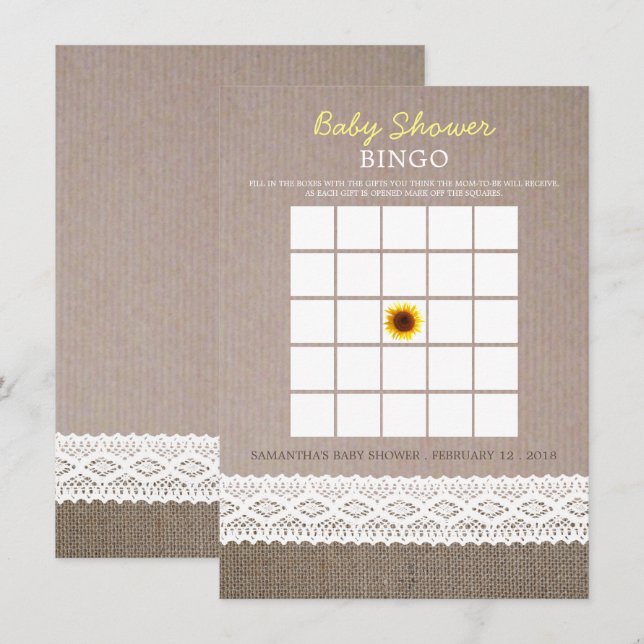 Sunflower Burlap & Crochet Lace Baby Shower Bingo Invitation (Front/Back)