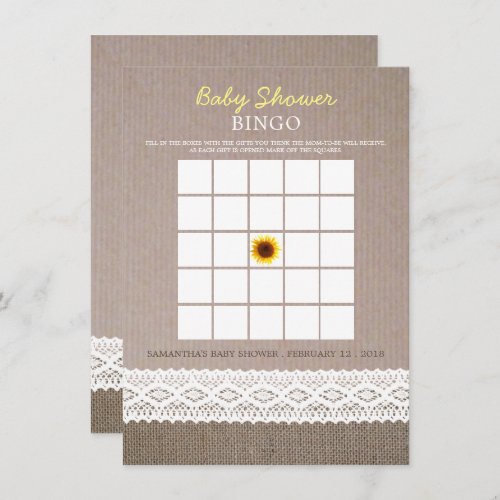 Sunflower Burlap  Crochet Lace Baby Shower Bingo Invitation