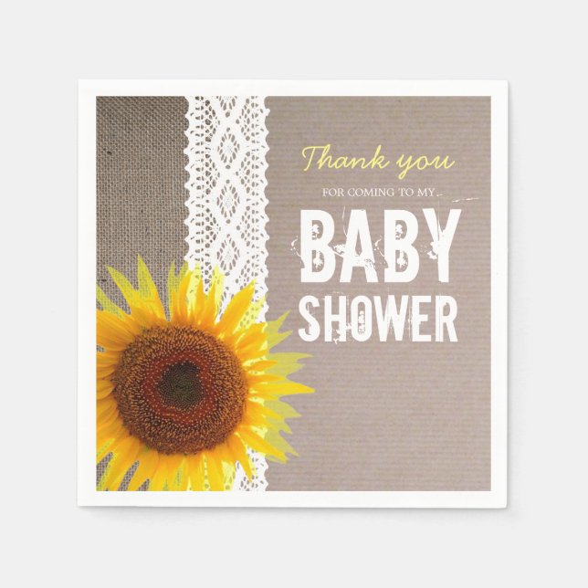 Sunflower Burlap & Crochet Lace Baby Shower Paper Napkins (Front)